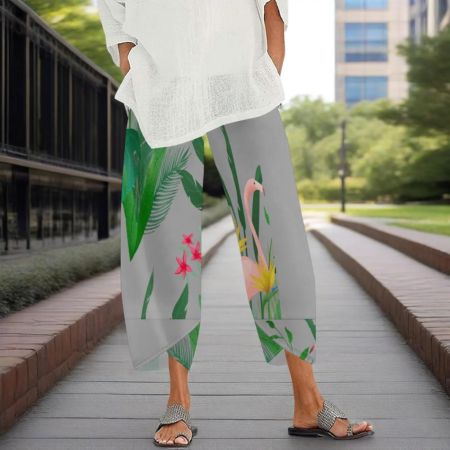 Capris Pants for Women 2025 Summer Printed Baggy Cropped Wide Leg High Elastic Waist Trousers Beach Vacation Pant