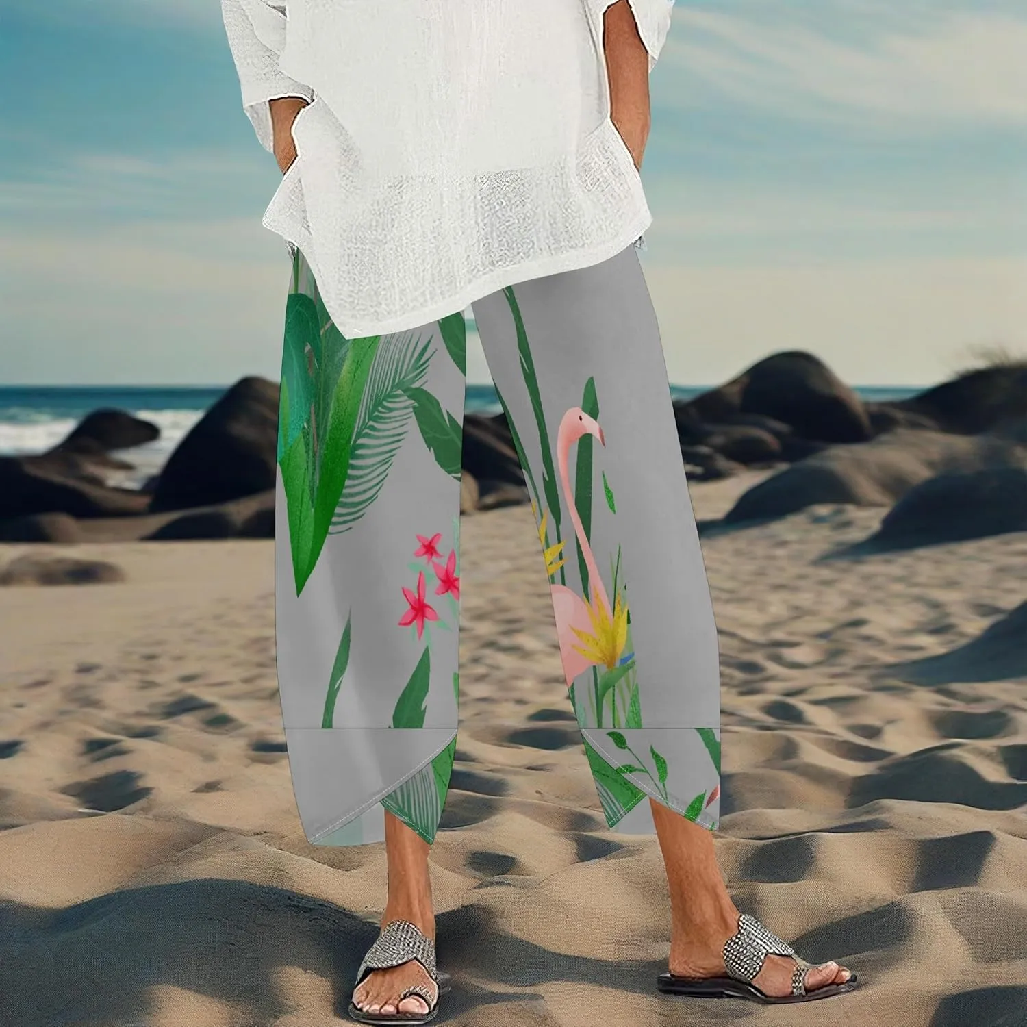 Capris Pants for Women 2025 Summer Printed Baggy Cropped Wide Leg High Elastic Waist Trousers Beach Vacation Pant