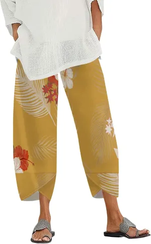 Capris Pants for Women 2025 Summer Printed Baggy Cropped Wide Leg High Elastic Waist Trousers Beach Vacation Pant