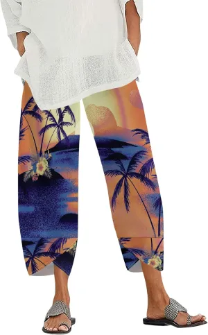 Capris Pants for Women 2025 Summer Printed Baggy Cropped Wide Leg High Elastic Waist Trousers Beach Vacation Pant