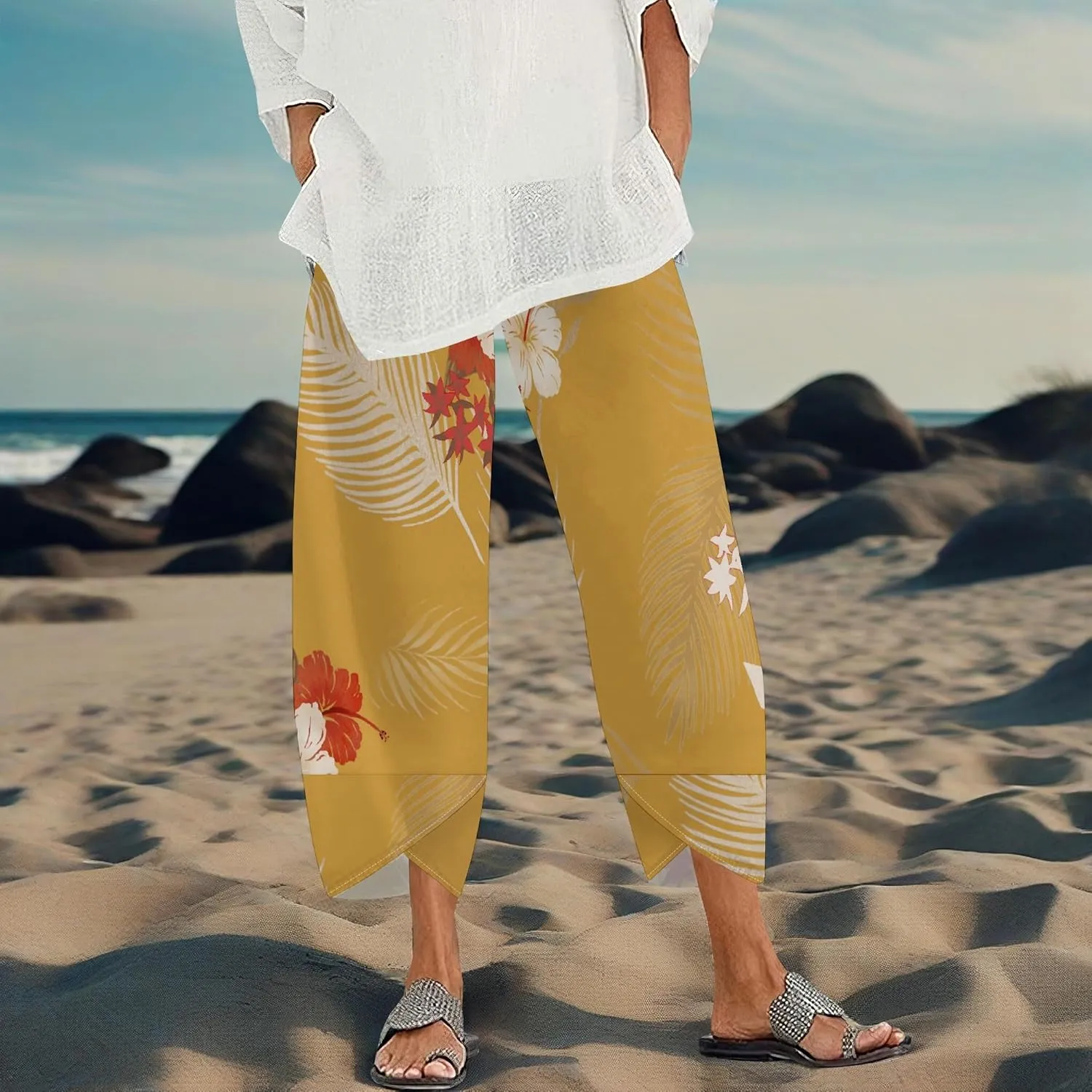 Capris Pants for Women 2025 Summer Printed Baggy Cropped Wide Leg High Elastic Waist Trousers Beach Vacation Pant