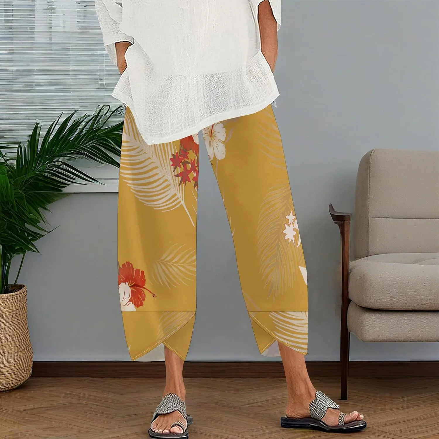 Capris Pants for Women 2025 Summer Printed Baggy Cropped Wide Leg High Elastic Waist Trousers Beach Vacation Pant