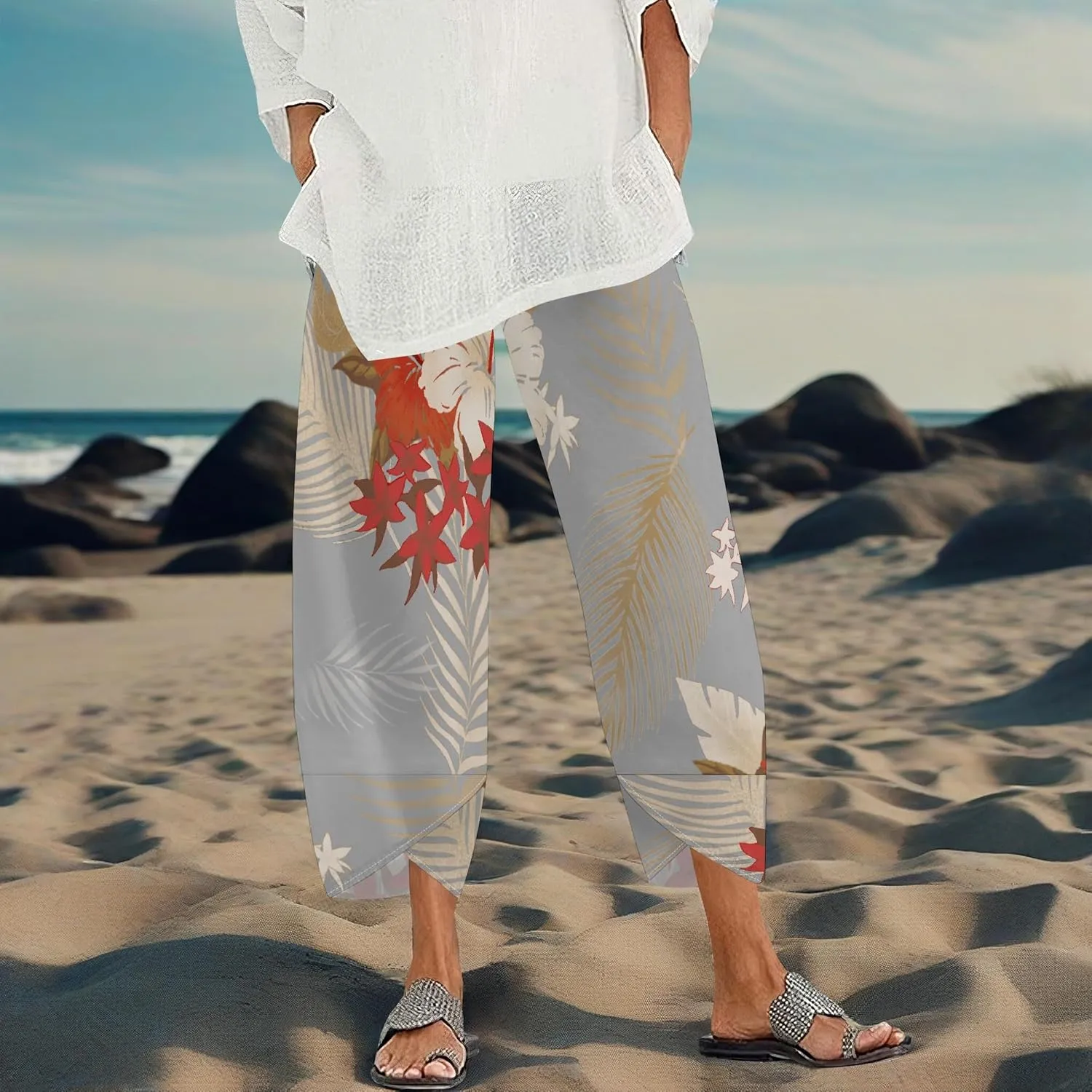 Capris Pants for Women 2025 Summer Printed Baggy Cropped Wide Leg High Elastic Waist Trousers Beach Vacation Pant