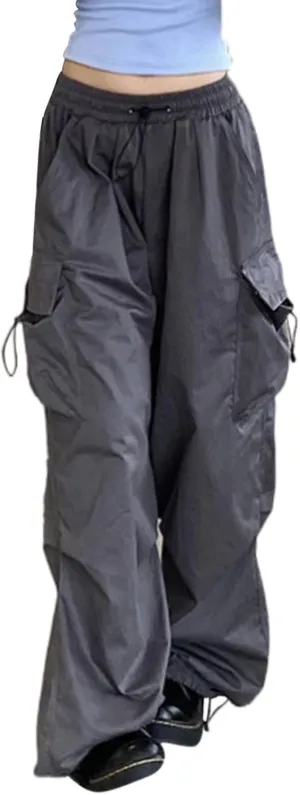 Cargo Pants for Women High Waist Baggy Drawstring Wide Leg Straight Trousers Flap Pocket Loose Jogger Juniors Vintage Plus Size Goth Preppy Clothes Parachute Pants Black