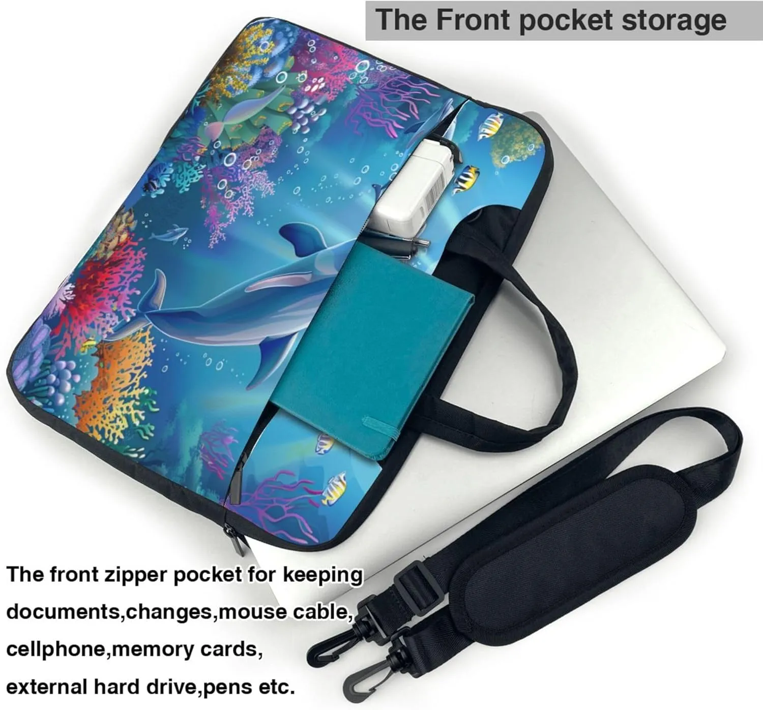 Cartoon Dolphin Laptop Shoulder Bag for Women, Ocean Dolphin Fish Laptop Sleeve Case Durable Computer Bag