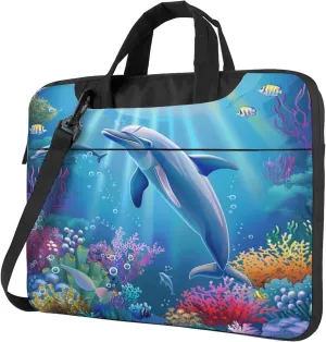 Cartoon Dolphin Laptop Shoulder Bag for Women, Ocean Dolphin Fish Laptop Sleeve Case Durable Computer Bag