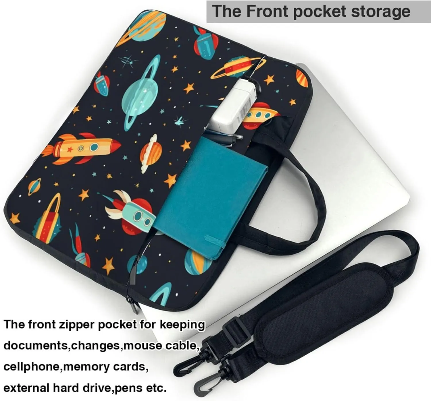 Cartoon Rockets Laptop Shoulder Bag for Women, Space Planet Laptop Sleeve Case Durable Computer Bag