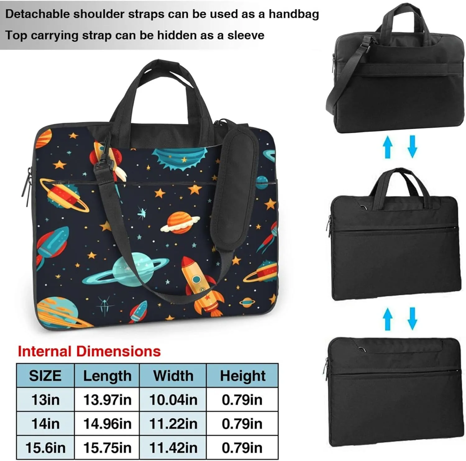 Cartoon Rockets Laptop Shoulder Bag for Women, Space Planet Laptop Sleeve Case Durable Computer Bag