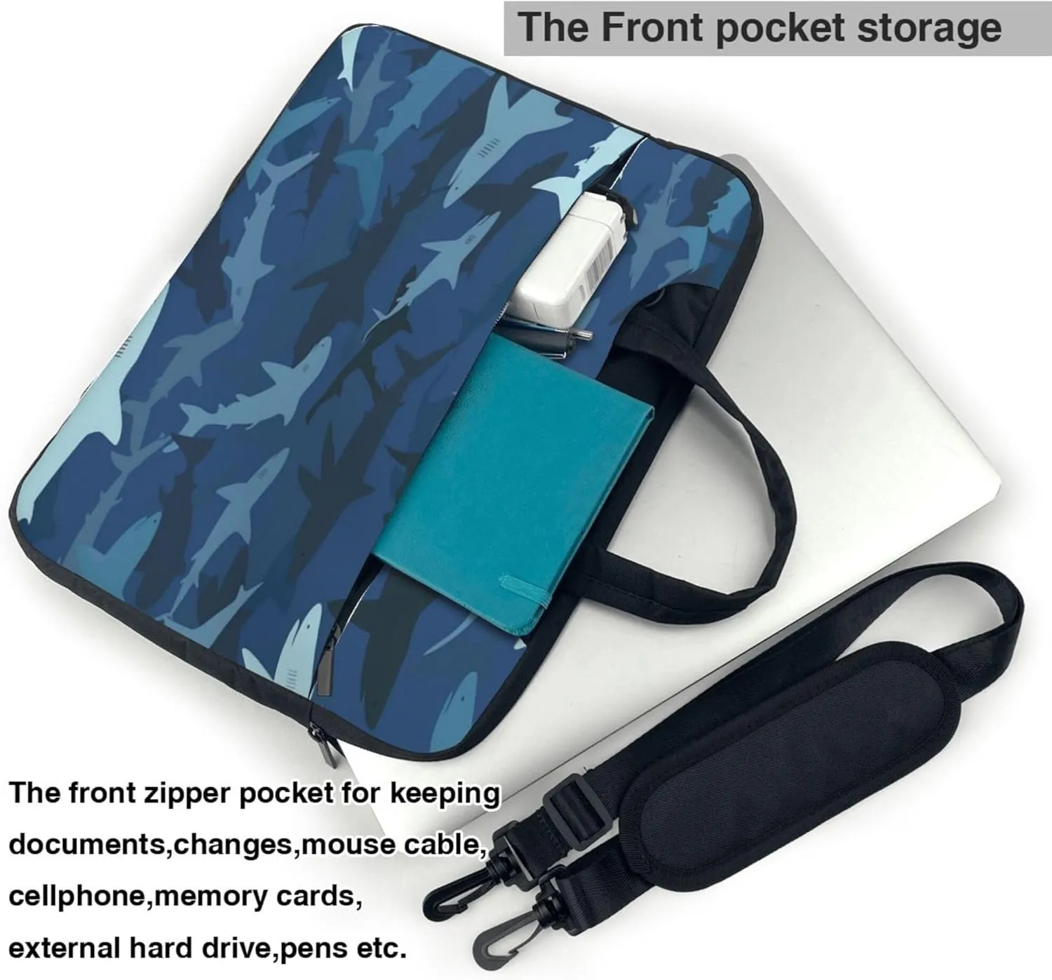 Cartoon Shark Laptop Shoulder Bag for Women, Shark Print Laptop Sleeve Case Durable Computer Bag