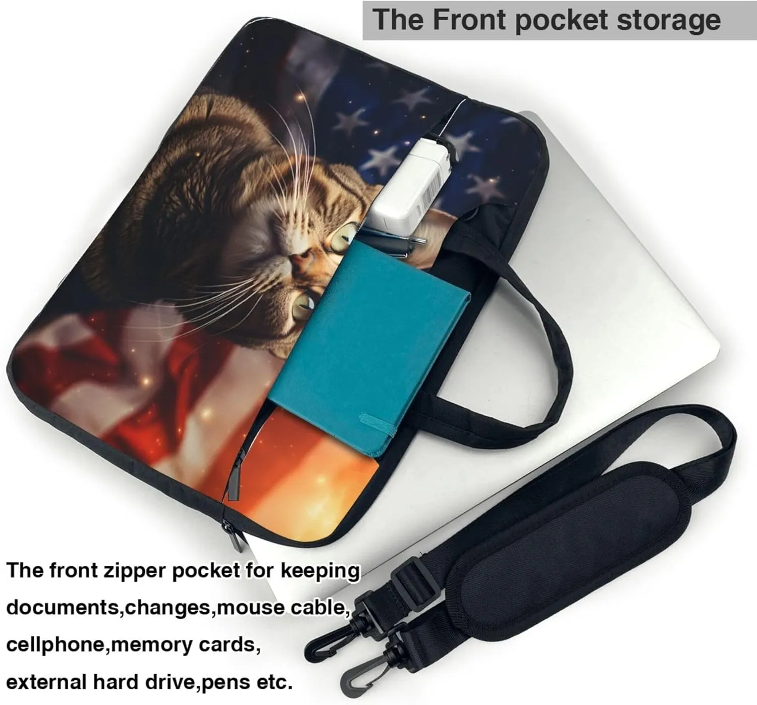 Cat in American Flag Laptop Shoulder Bag for Women, Laptop Sleeve Case Durable Computer Bag