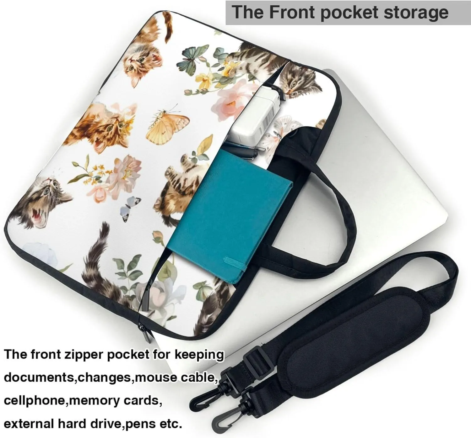 Cats Butterfly Laptop Shoulder Bag for Women, Cute Kitten Laptop Sleeve Case Durable Computer Bag