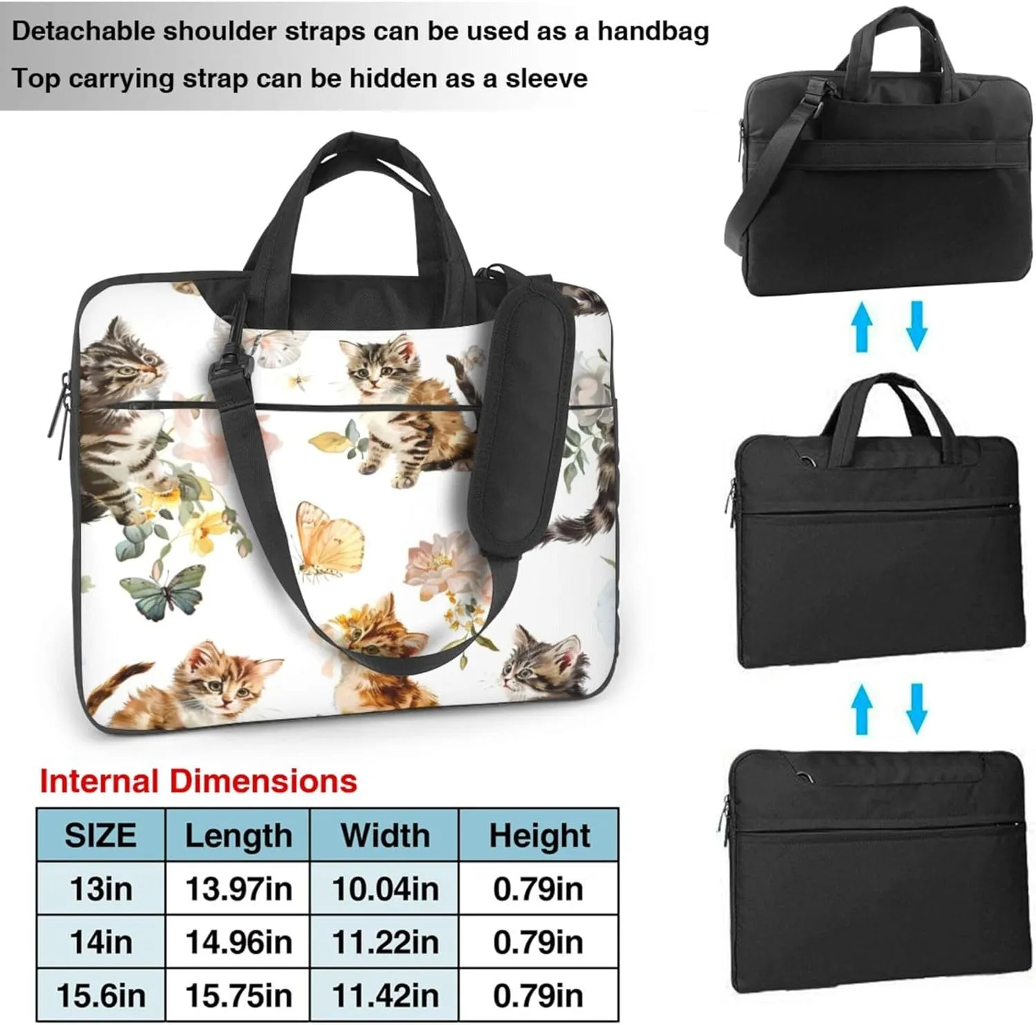Cats Butterfly Laptop Shoulder Bag for Women, Cute Kitten Laptop Sleeve Case Durable Computer Bag