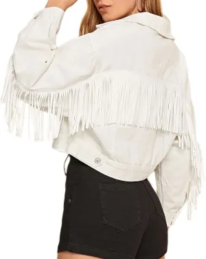 CHARTOU Women's Chic Button Down Tassel Fringe Denim Jean Cropped Jacket