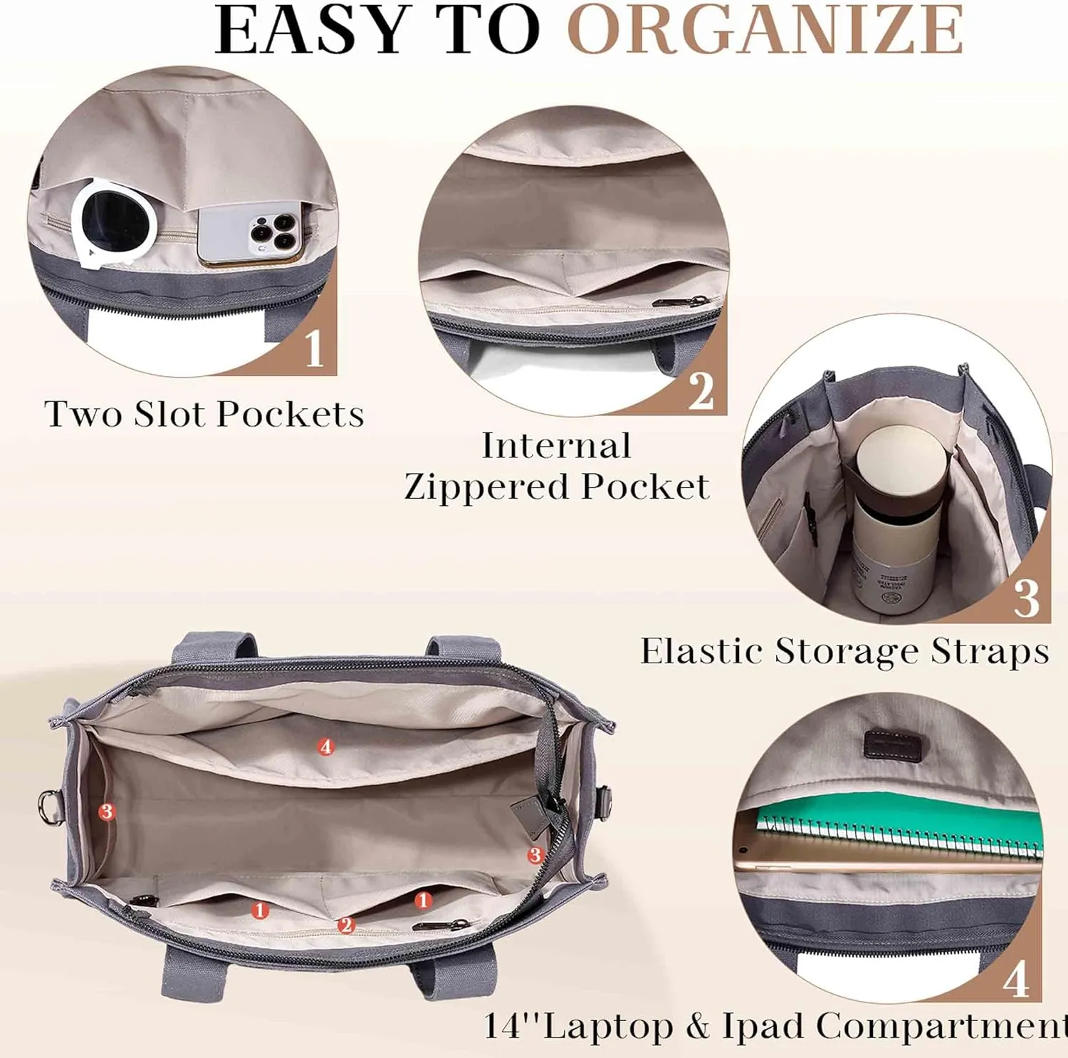 Chase Chic Canvas Tote Bag with Zipper for Women, Multi Pocket Shoulder Crossbody Handbag Bag with Compartments for Work