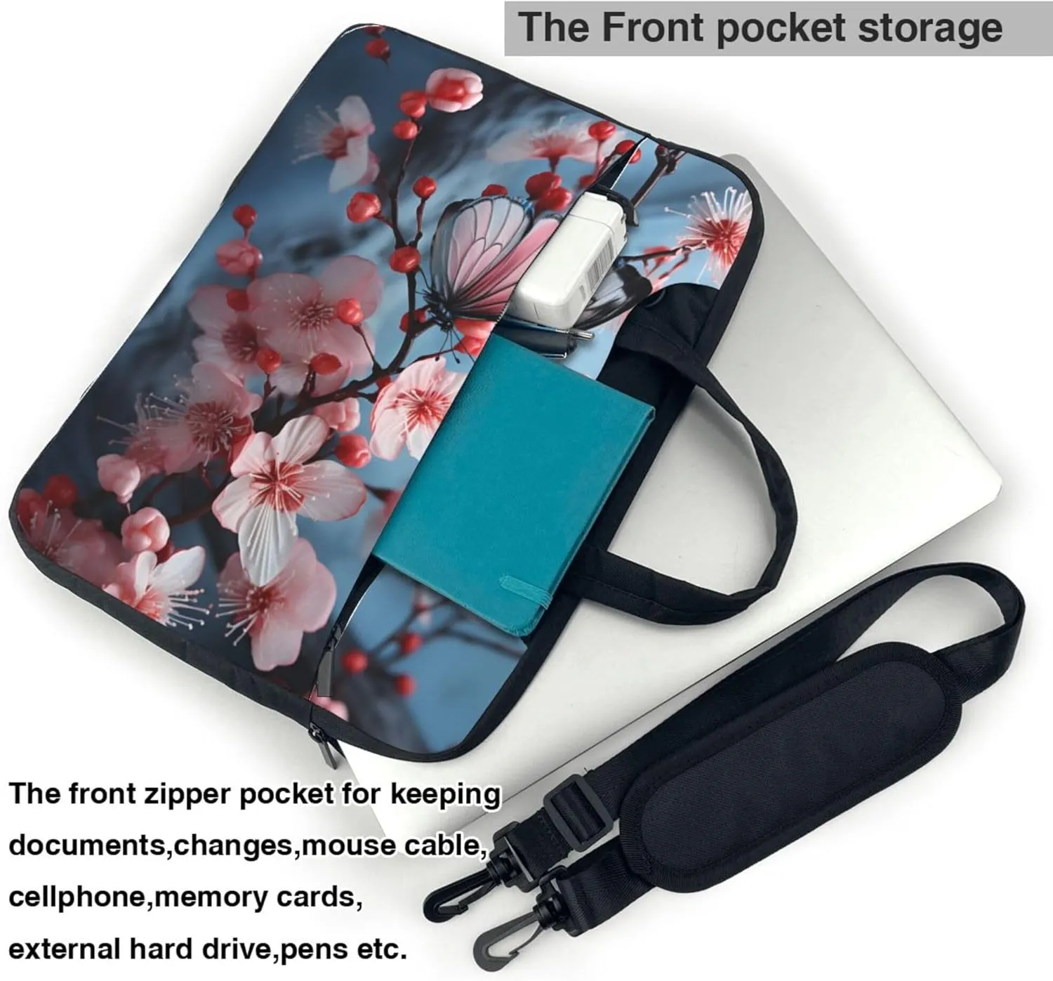 Cherry Blossom Butterfly Flower Laptop Shoulder Bag for Women, Laptop Sleeve Case Durable Computer Bag