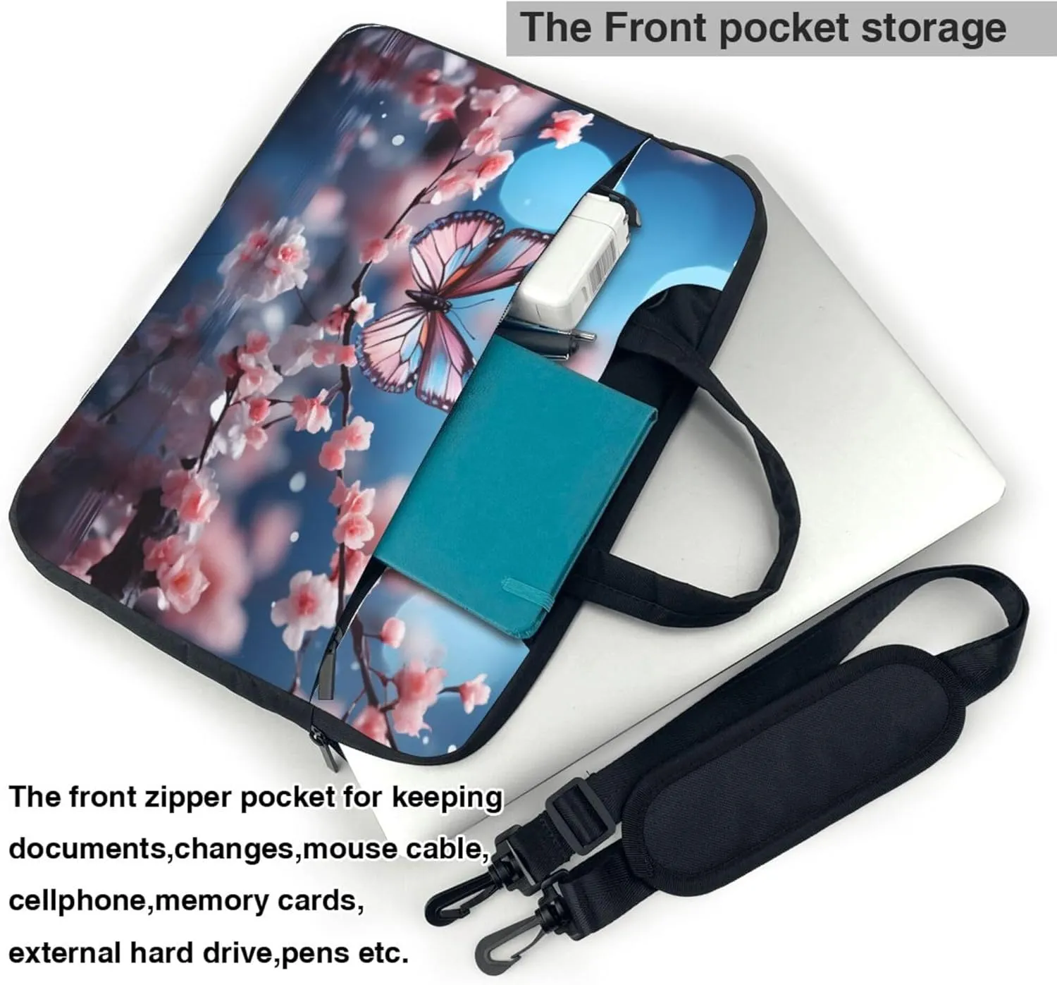 Cherry Blossom Butterfly Laptop Shoulder Bag for Women, Laptop Sleeve Case Durable Computer Bag