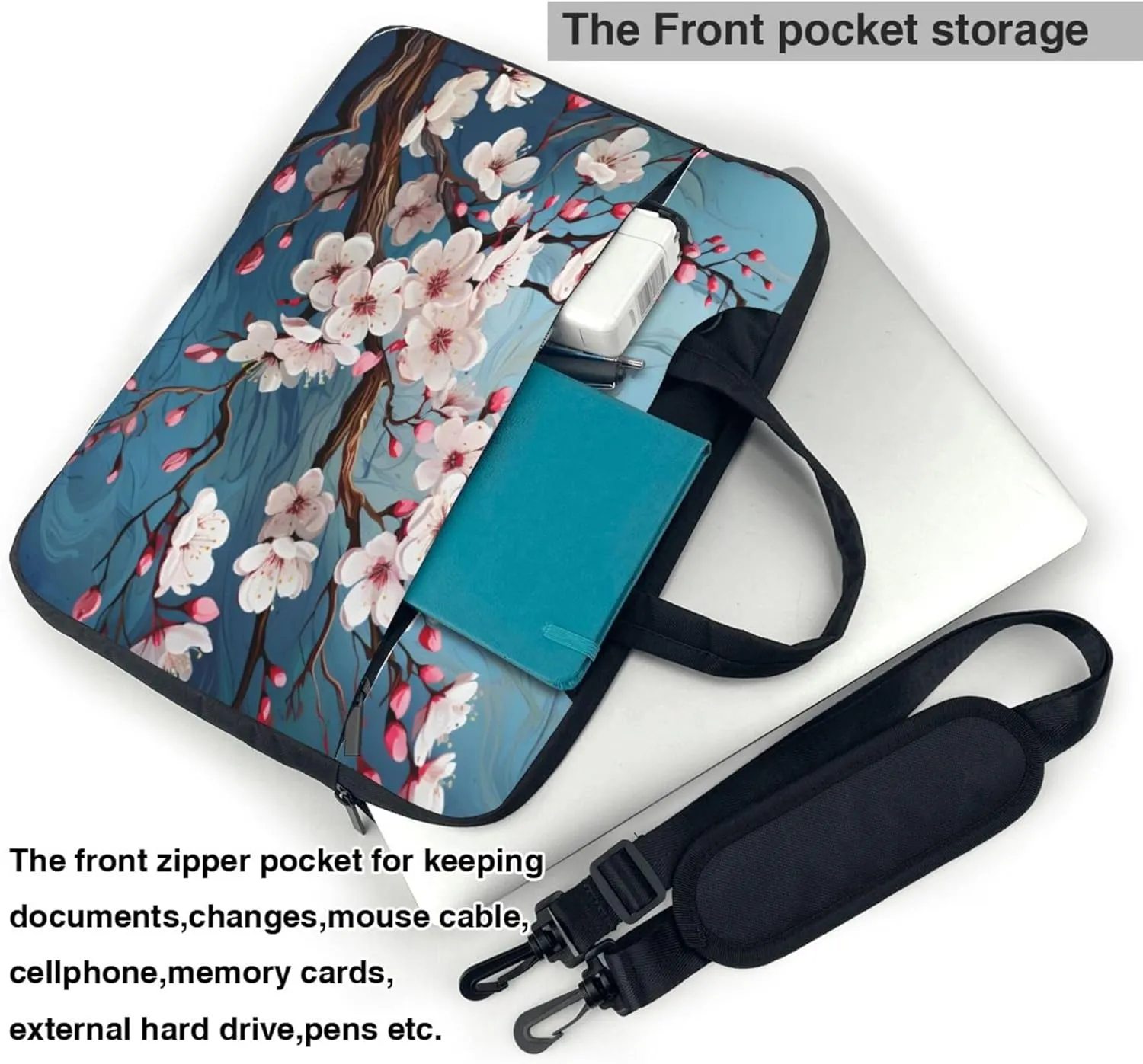 Cherry Blossom Spring Flowers Laptop Shoulder Bag for Women, Laptop Sleeve Case Durable Computer Bag