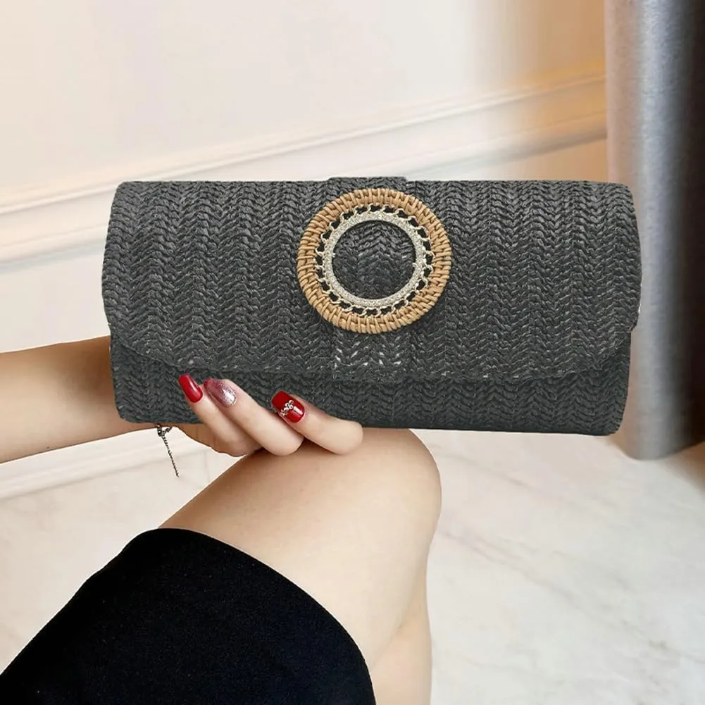 Chic Boho Clutch Purses for Women Straw Evening Handbag Rattan Woven Envelope Clutch Bag for Prom Party
