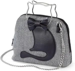 Chic Cat Bag for Women, Herringbone Tweed Purse with Kitty Applique, Cat Head Handles, Crossbody Shoulder Handbag