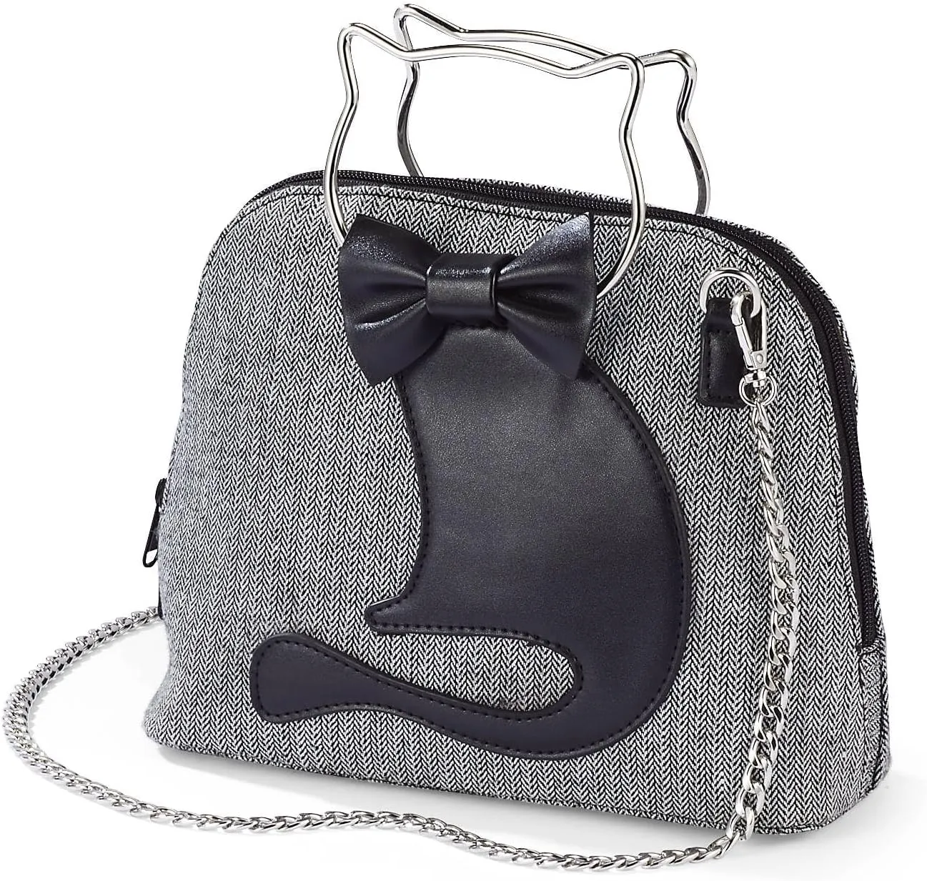 Chic Cat Bag for Women, Herringbone Tweed Purse with Kitty Applique, Cat Head Handles, Crossbody Shoulder Handbag