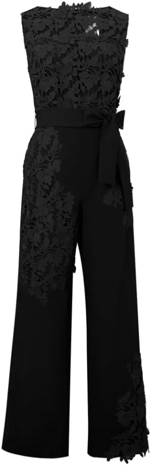 CHIC STAR Womens Lace Jumpsuit, Floral Applique Overlay, Wide-leg Pants, Waist Tie, Scalloped Neckline