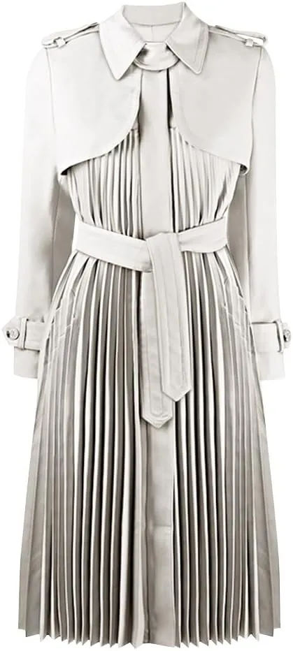 CHIC STAR Womens Pleated Trench Coat Dress, Collared Neckline, Belted Waist, Accordion Pleated Skirt