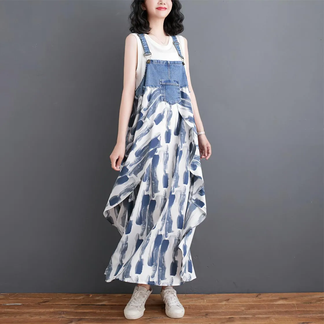 chouyatou Women's Sleeveless Denim Chiffon Splicing Ruffle Overall Dress Loose Maxi Bib Jumper Dress