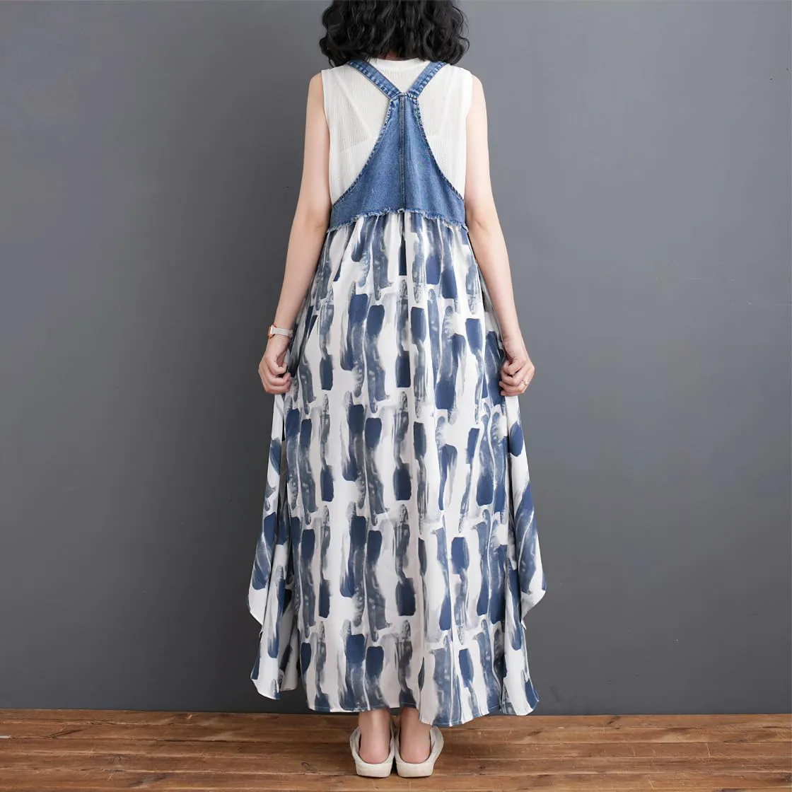 chouyatou Women's Sleeveless Denim Chiffon Splicing Ruffle Overall Dress Loose Maxi Bib Jumper Dress