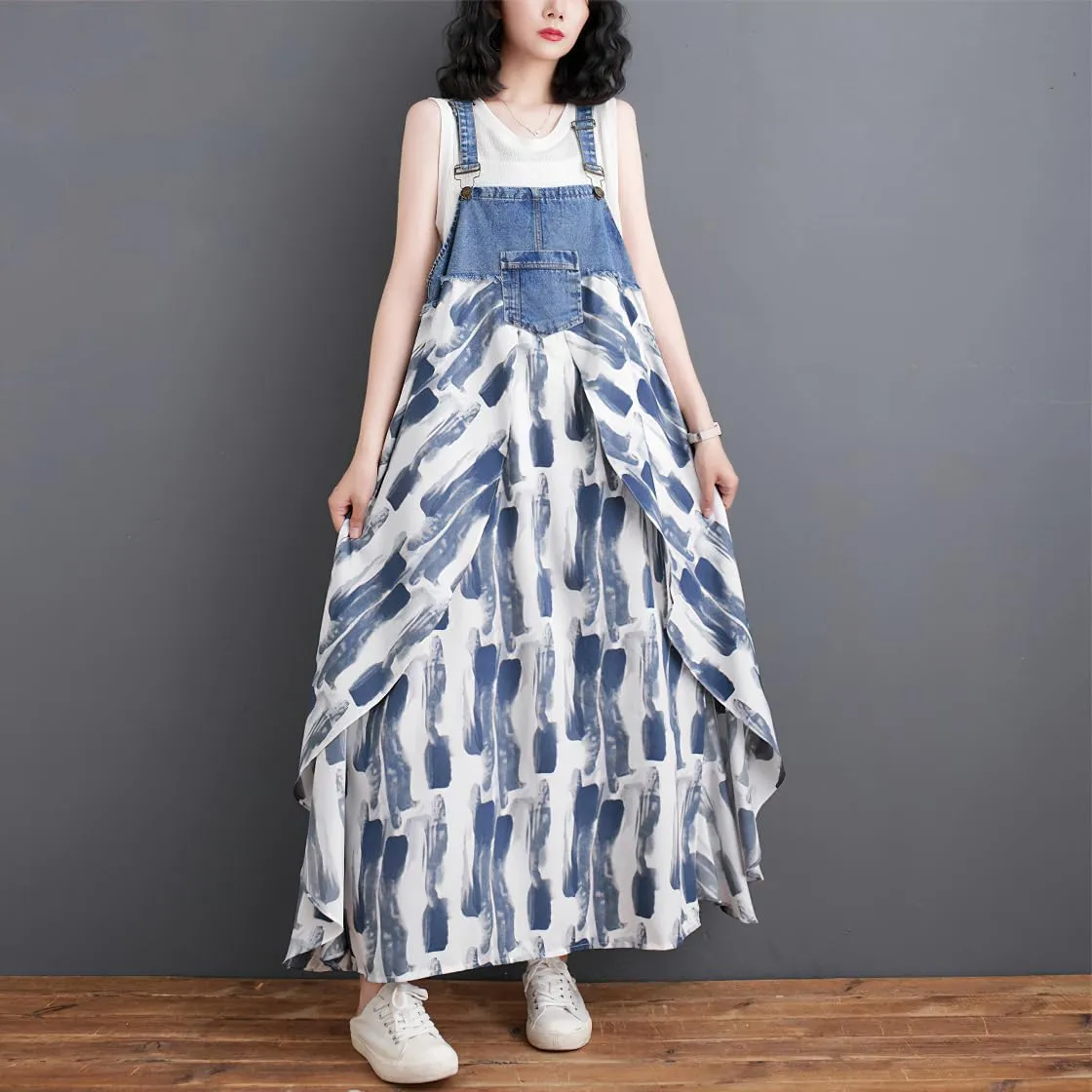 chouyatou Women's Sleeveless Denim Chiffon Splicing Ruffle Overall Dress Loose Maxi Bib Jumper Dress