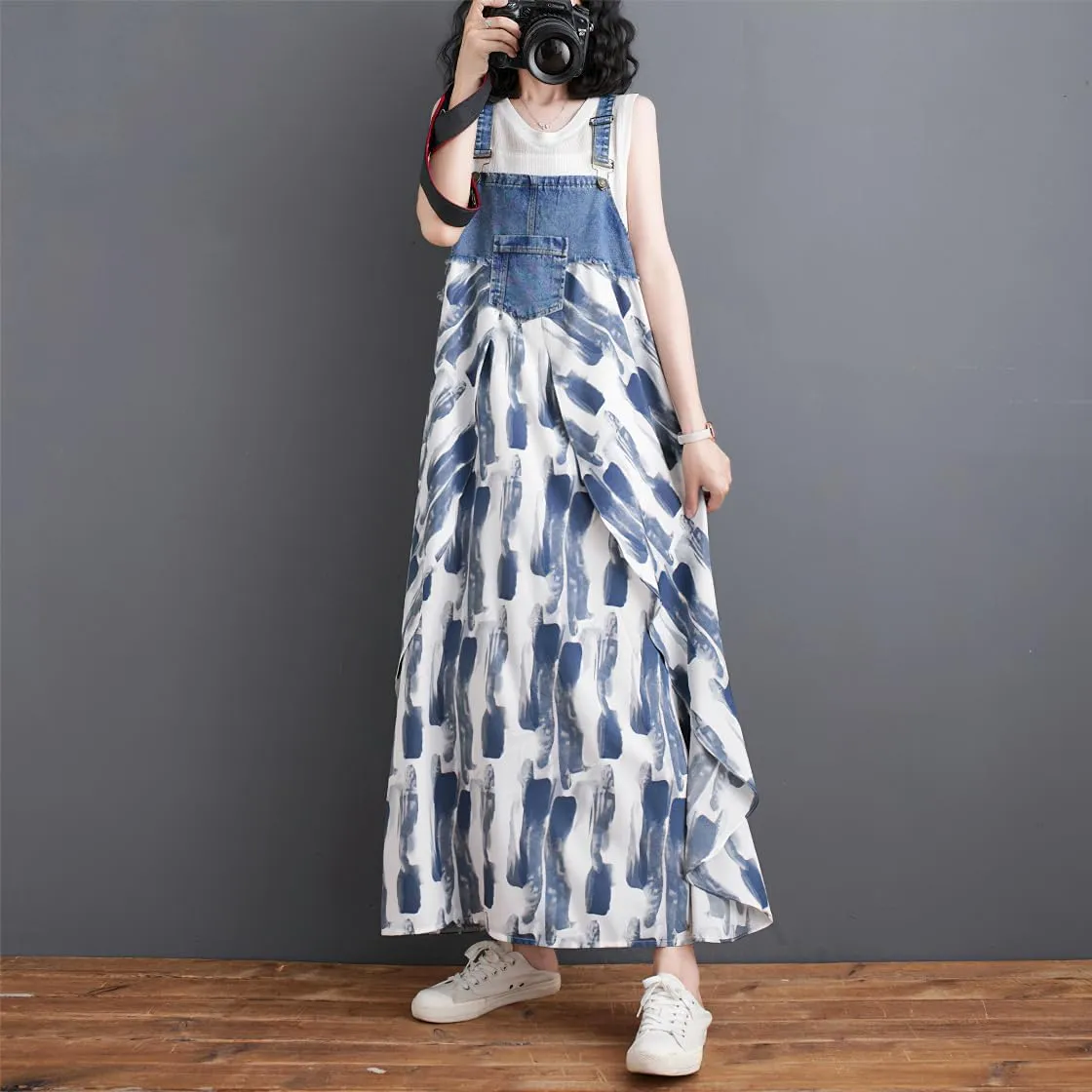 chouyatou Women's Sleeveless Denim Chiffon Splicing Ruffle Overall Dress Loose Maxi Bib Jumper Dress