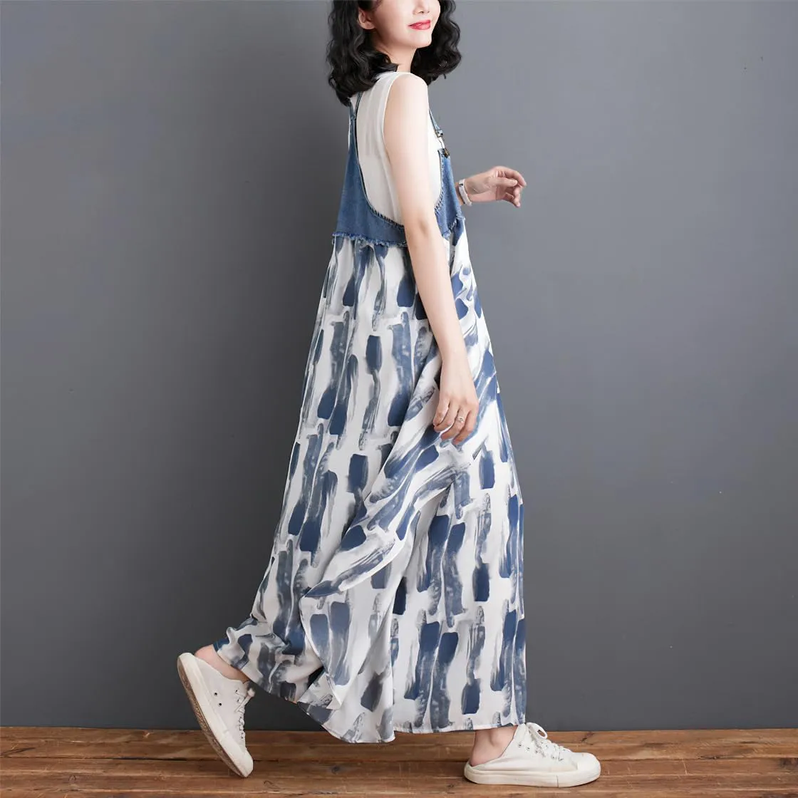 chouyatou Women's Sleeveless Denim Chiffon Splicing Ruffle Overall Dress Loose Maxi Bib Jumper Dress