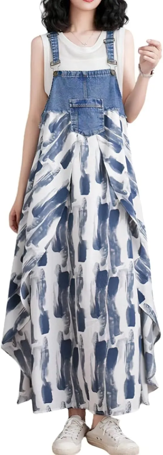 chouyatou Women's Sleeveless Denim Chiffon Splicing Ruffle Overall Dress Loose Maxi Bib Jumper Dress