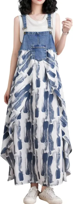 chouyatou Women's Sleeveless Denim Chiffon Splicing Ruffle Overall Dress Loose Maxi Bib Jumper Dress