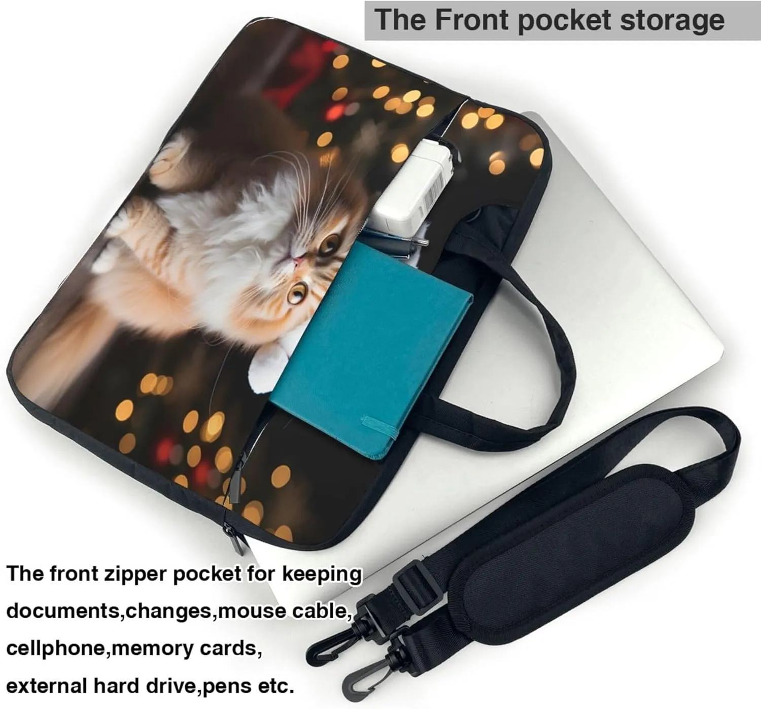 Christmas Glow Cute Cat Laptop Shoulder Bag for Women, Laptop Sleeve Case Durable Computer Bag