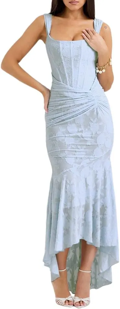 Chvity Women Sexy Bodycon Sleeveless Maxi Dress Summer Backless Fishtail Dress Floral Ruched Cocktail Party Cami Dress