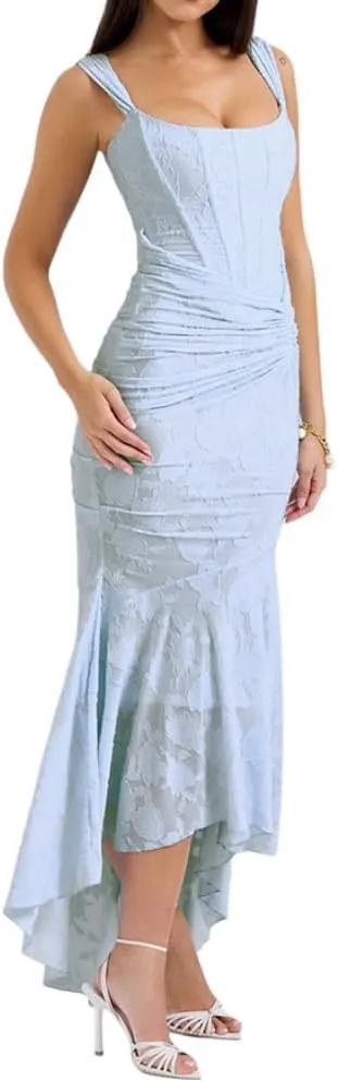 Chvity Women Sexy Bodycon Sleeveless Maxi Dress Summer Backless Fishtail Dress Floral Ruched Cocktail Party Cami Dress