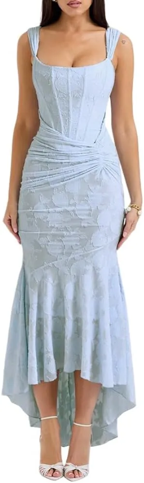 Chvity Women Sexy Bodycon Sleeveless Maxi Dress Summer Backless Fishtail Dress Floral Ruched Cocktail Party Cami Dress