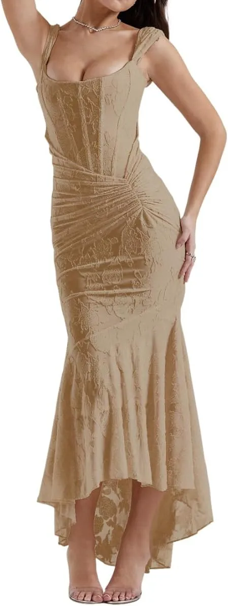 Chvity Women Sexy Bodycon Sleeveless Maxi Dress Summer Backless Fishtail Dress Floral Ruched Cocktail Party Cami Dress