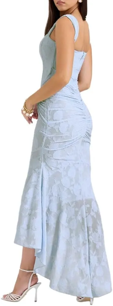 Chvity Women Sexy Bodycon Sleeveless Maxi Dress Summer Backless Fishtail Dress Floral Ruched Cocktail Party Cami Dress