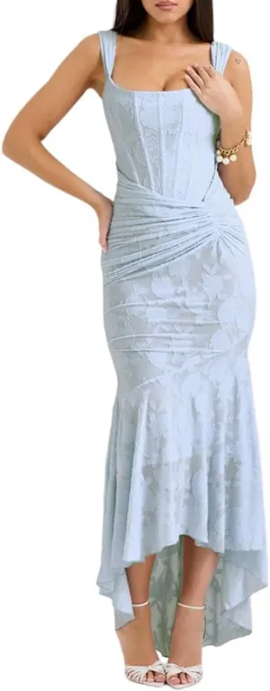 Chvity Women Sexy Bodycon Sleeveless Maxi Dress Summer Backless Fishtail Dress Floral Ruched Cocktail Party Cami Dress
