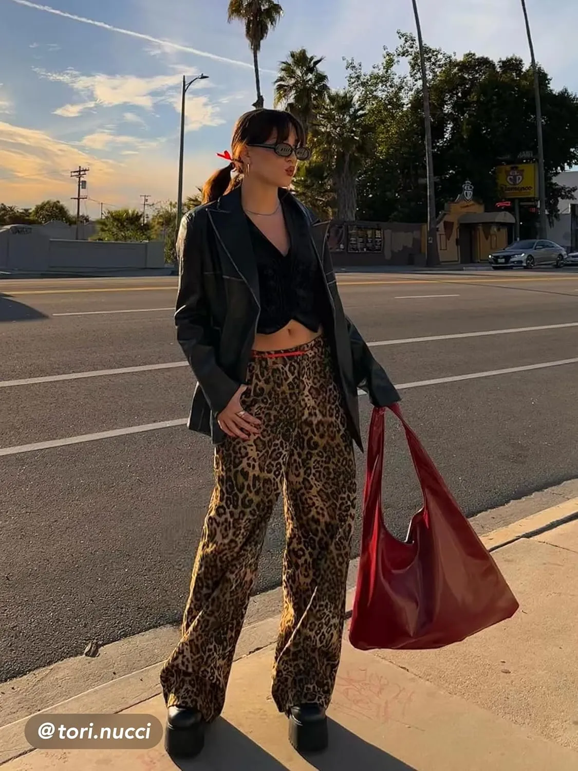 CIDER Denim Mid Waist Leopard Wide Leg Pants