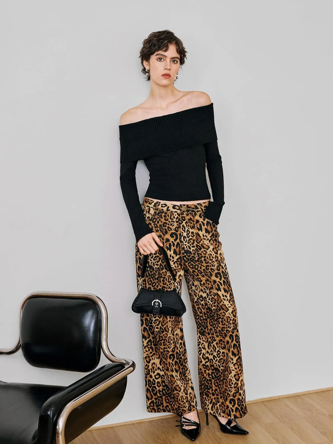 CIDER Denim Mid Waist Leopard Wide Leg Pants
