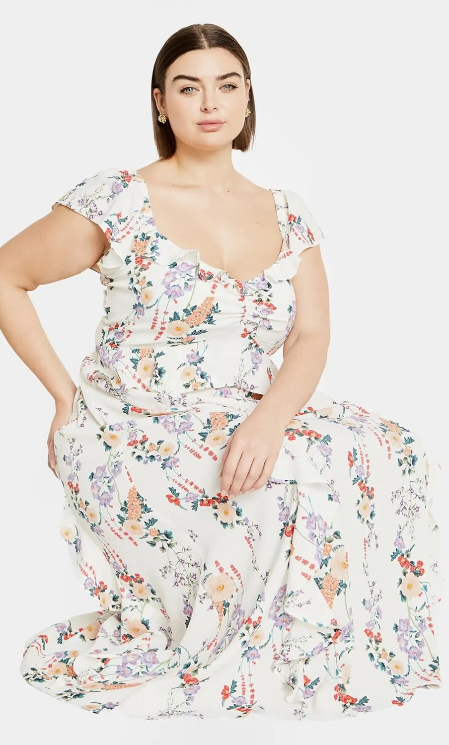 City Chic Women's Flutter Sleeve V Neck Floral Print Maxi Dress