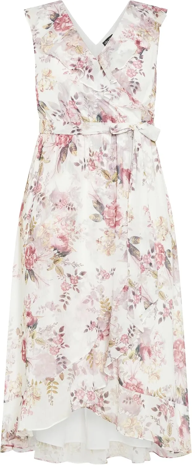 City Chic Women's Plus Size V Neckline Faux Wrap Ruffle Bust Hi Lo Floral Maxi Dress