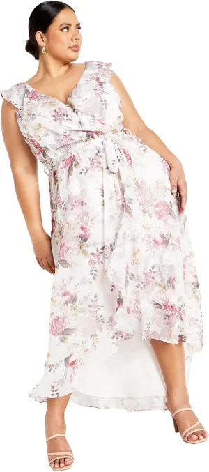 City Chic Women's Plus Size V Neckline Faux Wrap Ruffle Bust Hi Lo Floral Maxi Dress