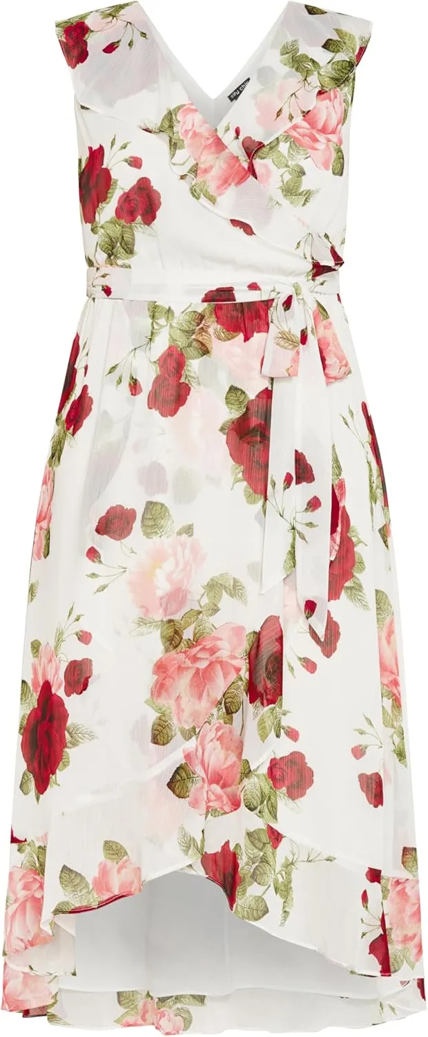 City Chic Women's Plus Size V Neckline Faux Wrap Ruffle Bust Hi Lo Floral Maxi Dress