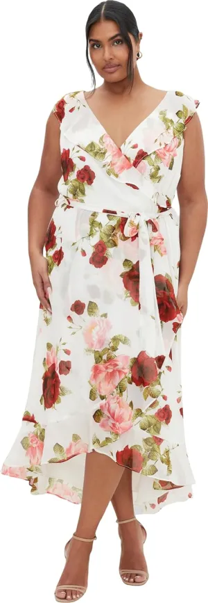 City Chic Women's Plus Size V Neckline Faux Wrap Ruffle Bust Hi Lo Floral Maxi Dress