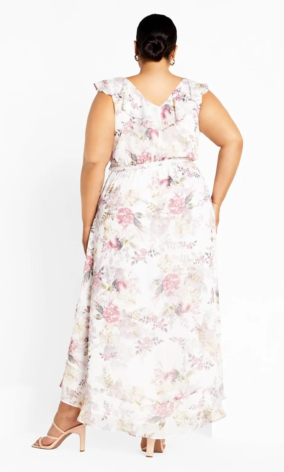 City Chic Women's Plus Size V Neckline Faux Wrap Ruffle Bust Hi Lo Floral Maxi Dress