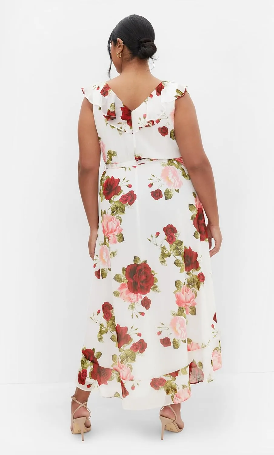 City Chic Women's Plus Size V Neckline Faux Wrap Ruffle Bust Hi Lo Floral Maxi Dress