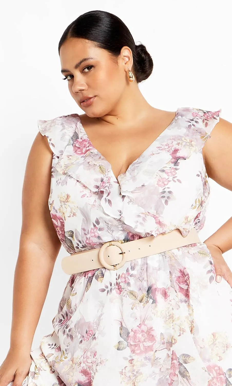 City Chic Women's Plus Size V Neckline Faux Wrap Ruffle Bust Hi Lo Floral Maxi Dress